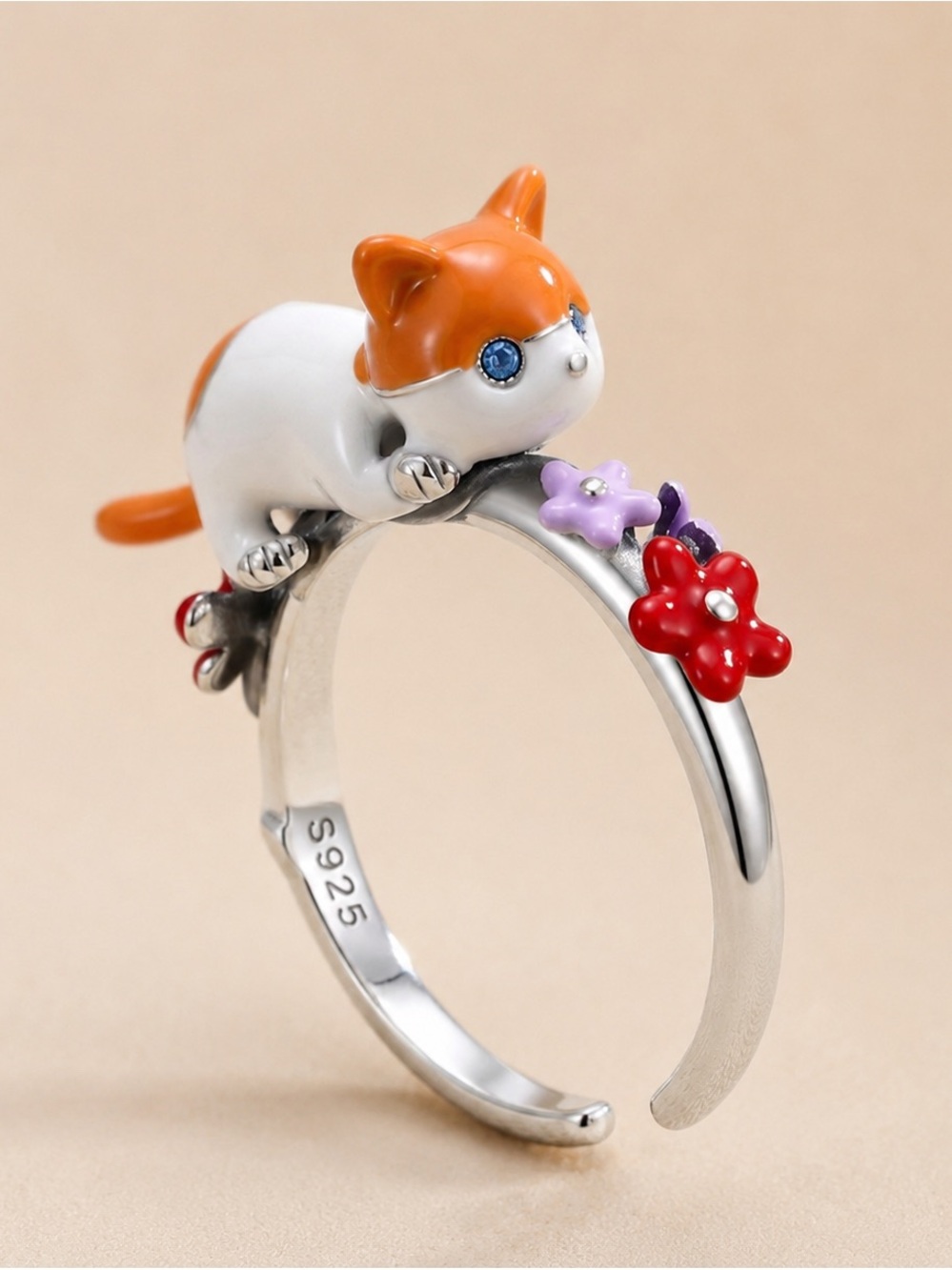 Sterling Silver Orange & White Cat Ring with Red and Purple Flowers